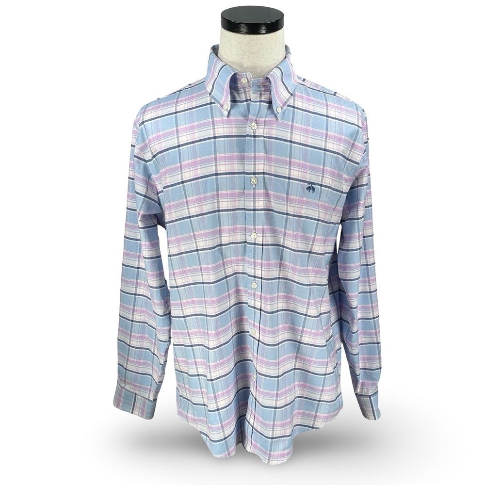Brooks Brothers Regent Fit Non-Iron Stretch Oxford Shirt Blue Pink Plaid Large